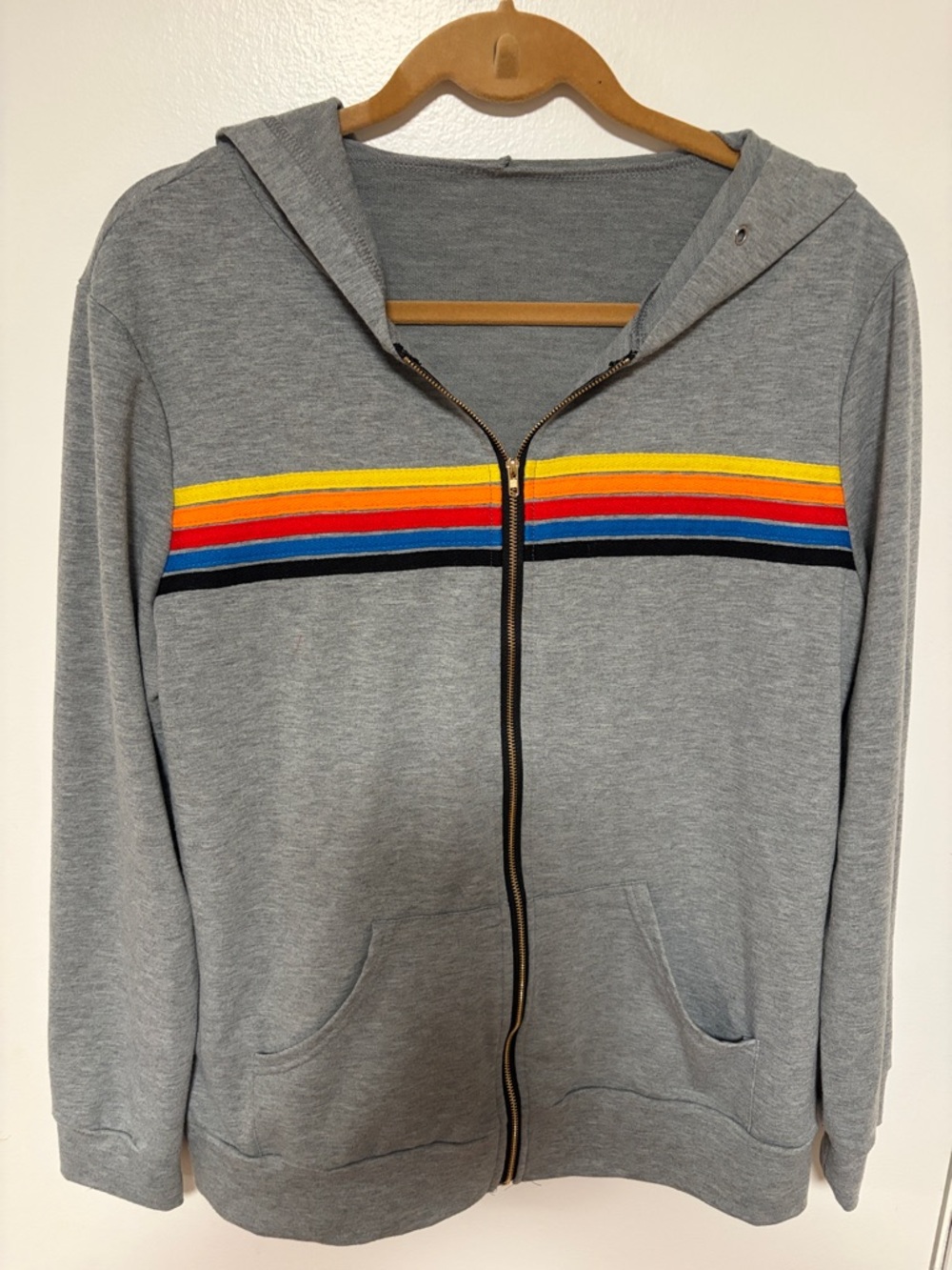 5 striped Gray Zip-Up Hoodie with Rainbow Chest Stripes